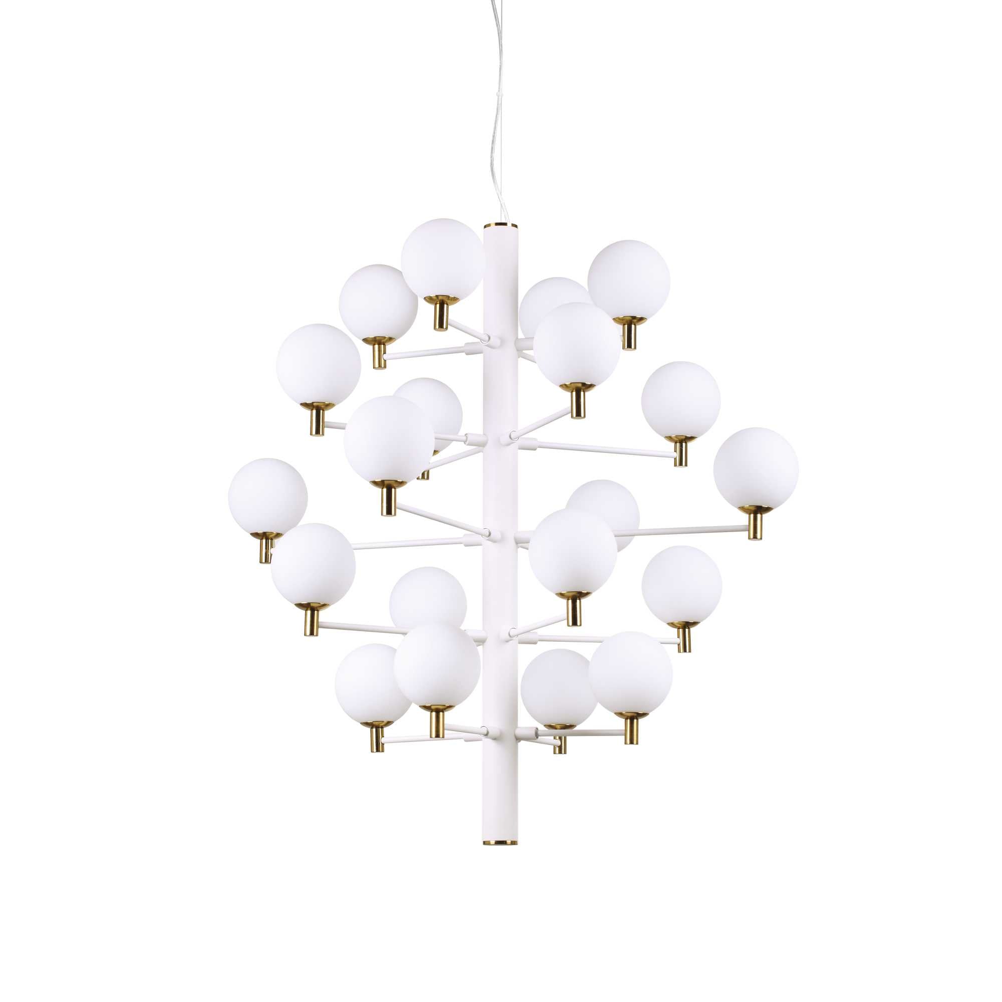 Ideallux COPERNICO pendant light in white metal and glass, 20 dimmable G9 bulbs, adjustable height, elegant design with brass details.
