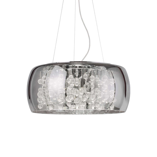 Ideallux Audi-80 pendant light with 8 glass fume globes, chrome metal, adjustable height, diameter 50cm, dimmable.