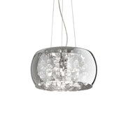 Ideallux Pendelleuchte Audi-80 5Leuchten Fume with glass balls and adjustable height, featuring a Ø40cm chrome metal frame.