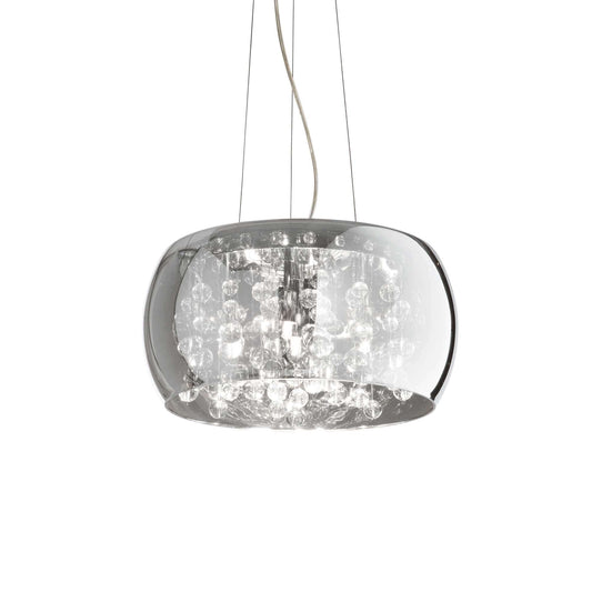 Ideallux Pendelleuchte Audi-80 5Leuchten Fume with glass balls and adjustable height, featuring a Ø40cm chrome metal frame.