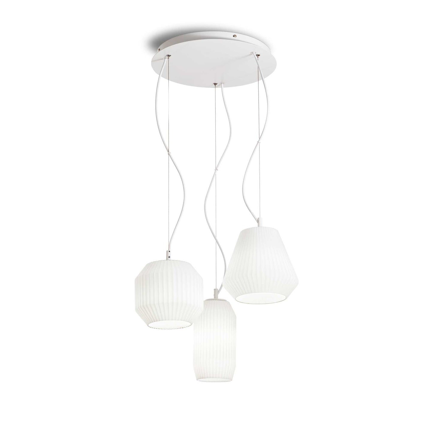 Ideallux Pendelleuchte ORIGAMI with white matte metal frame and etched glass origami design, featuring adjustable cables, 3 E27 sockets.
