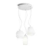 Ideallux Pendelleuchte ORIGAMI with white matte metal frame and etched glass origami design, featuring adjustable cables, 3 E27 sockets.