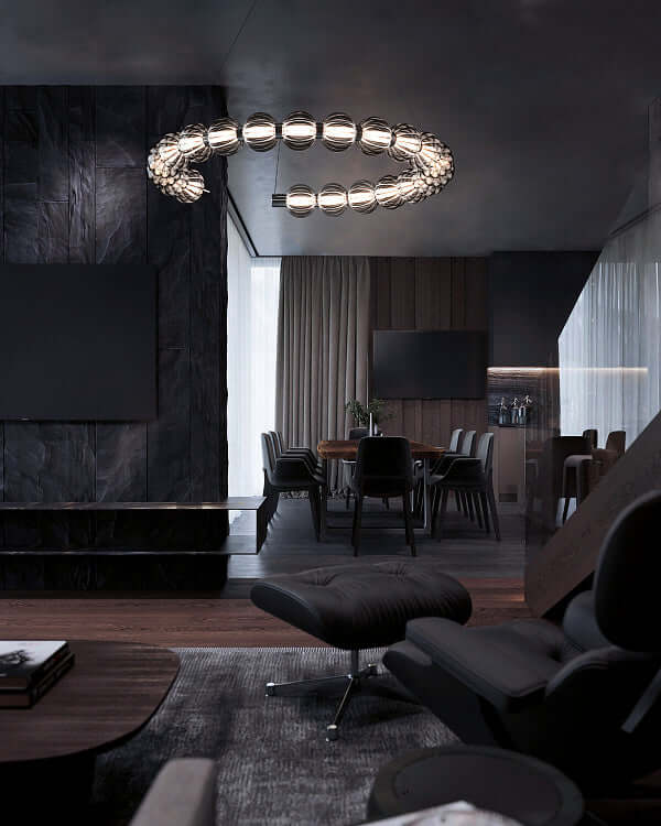 Luxury interior with Maytoni Pendleuchte Amulet, featuring transparent glass elements and dimmable LED, hanging above a modern dining area.