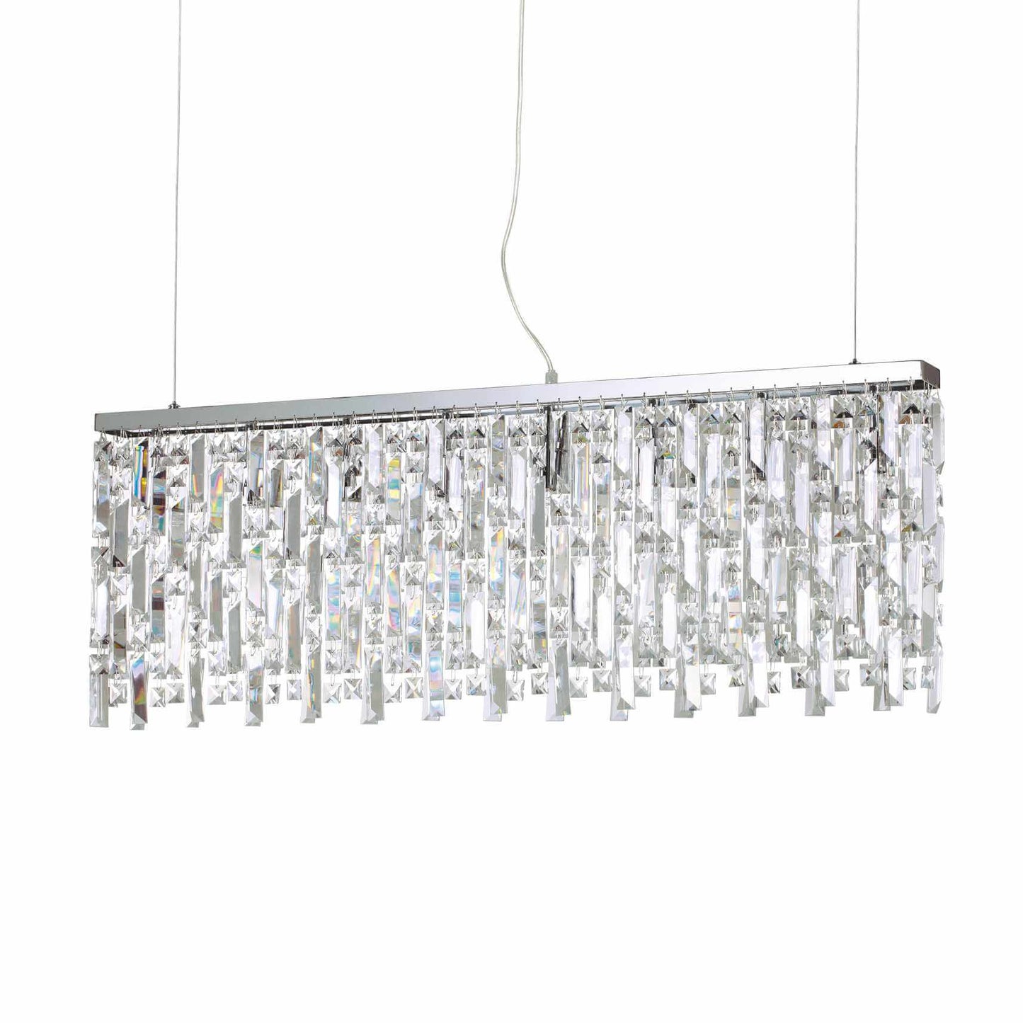 Ideallux ELISIR silver pendant light with prismatic crystal design, adjustable height, and dimmable feature. Elegant and modern lighting.
