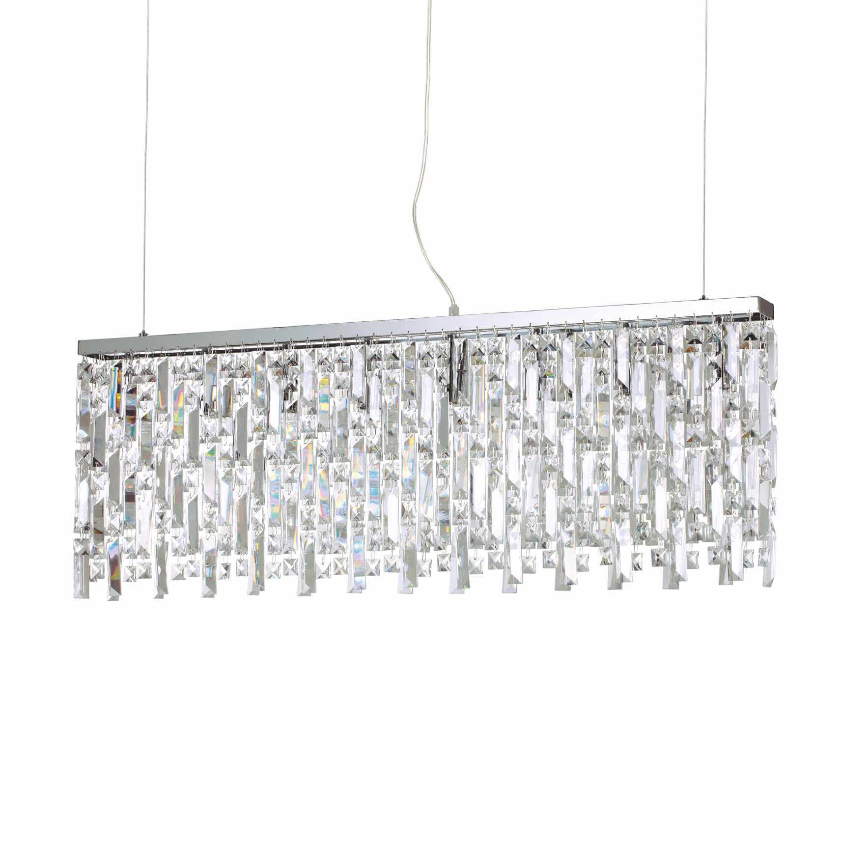 Ideallux ELISIR silver pendant light with prismatic crystal design, adjustable height, and dimmable feature. Elegant and modern lighting.