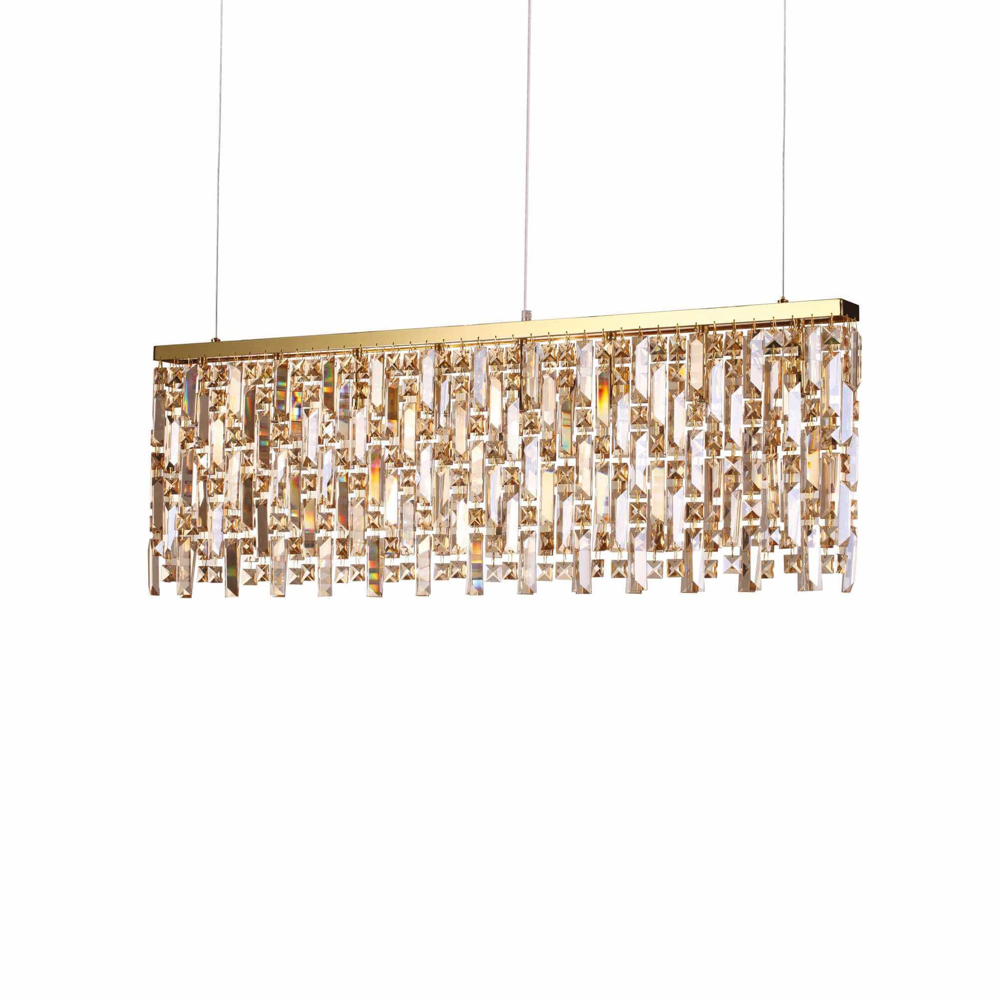 Ideallux ELISIR gold pendant light with 8 dimmable bulbs, brass metal and amber crystal accents, adjustable height.