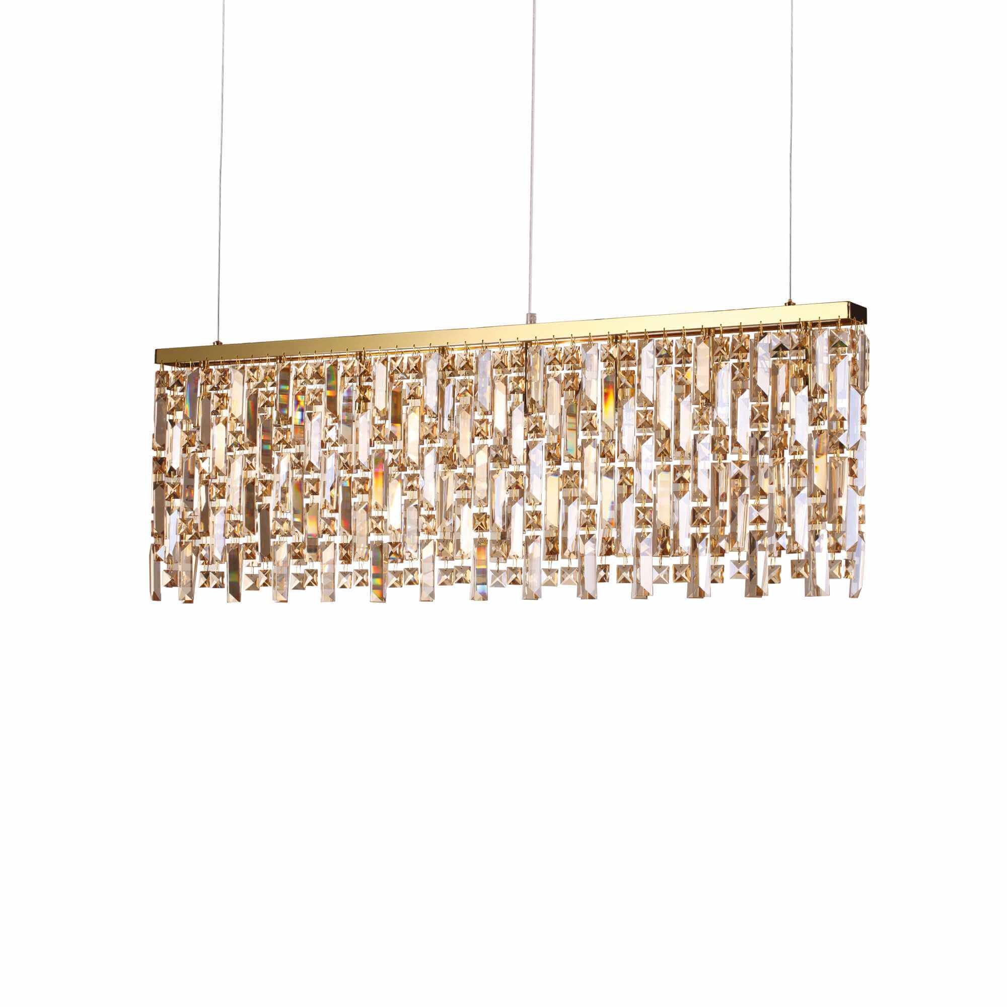 Ideallux ELISIR gold pendant light with 8 dimmable bulbs, brass metal and amber crystal accents, adjustable height.