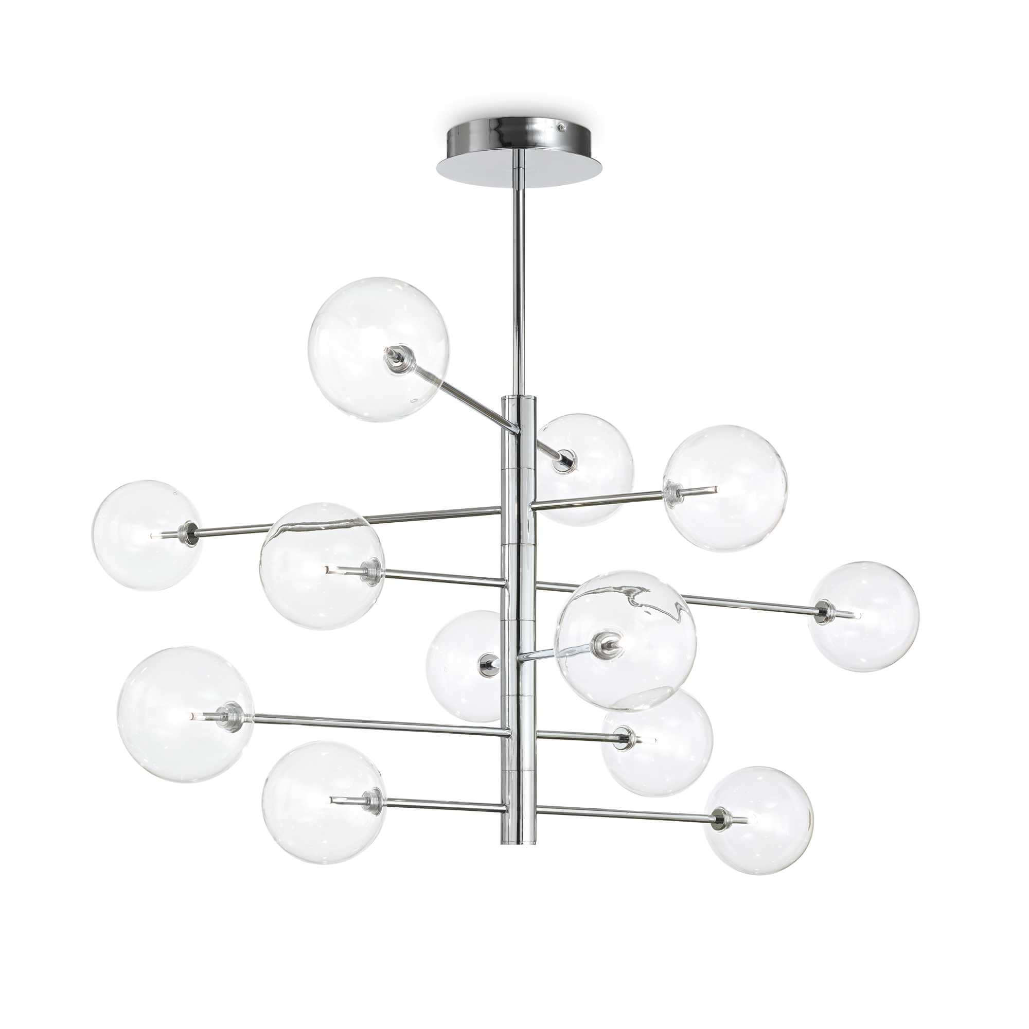 Ideallux Equinoxe pendant light with 12 dimmable bulbs, silver chrome finish, blown glass diffusers, modern chandelier design