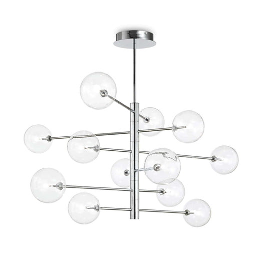 Ideallux Equinoxe pendant light with 12 dimmable bulbs, silver chrome finish, blown glass diffusers, modern chandelier design