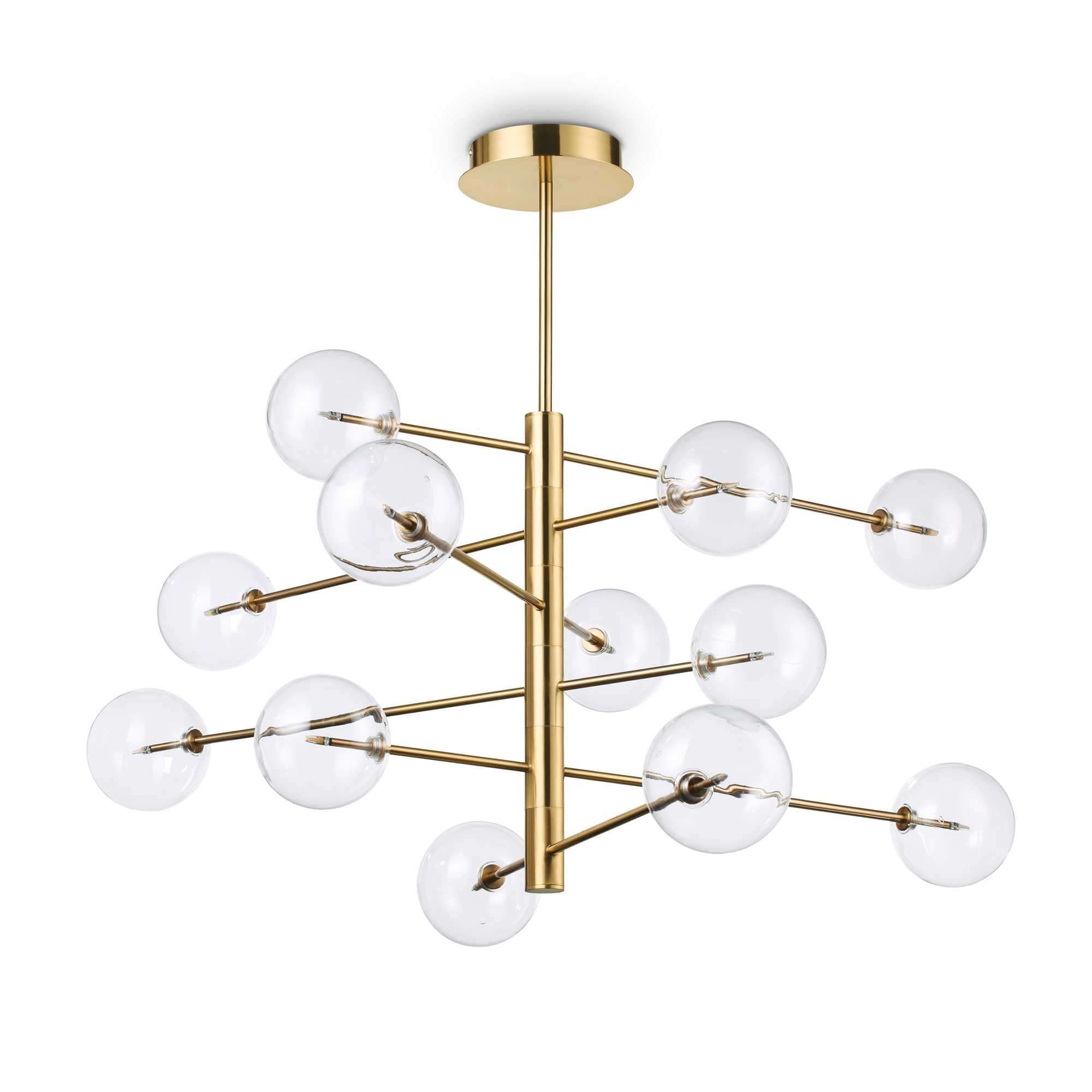 Ideallux Pendelleuchte EQUINOXE 12 gold, G4 dimmable, brass finish, blown glass, Ø124cm chandelier with transparent diffusers.