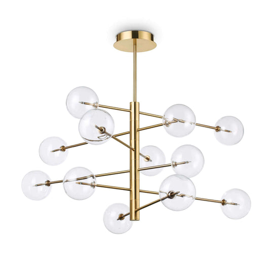 Ideallux Pendelleuchte EQUINOXE 12 gold, G4 dimmable, brass finish, blown glass, Ø124cm chandelier with transparent diffusers.