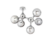 Modern Ideallux NODI 5-light chrome ceiling lamp with glass spheres, dimmable E14 sockets, 55cm dimensions, and sleek metal finish.