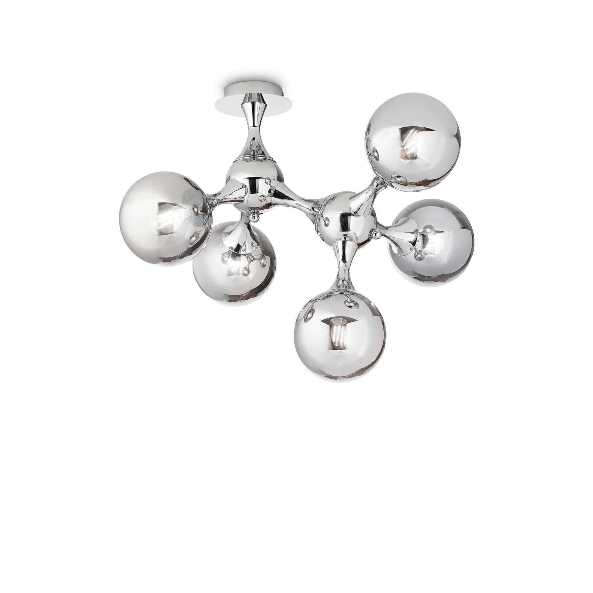 Modern Ideallux NODI 5-light chrome ceiling lamp with glass spheres, dimmable E14 sockets, 55cm dimensions, and sleek metal finish.