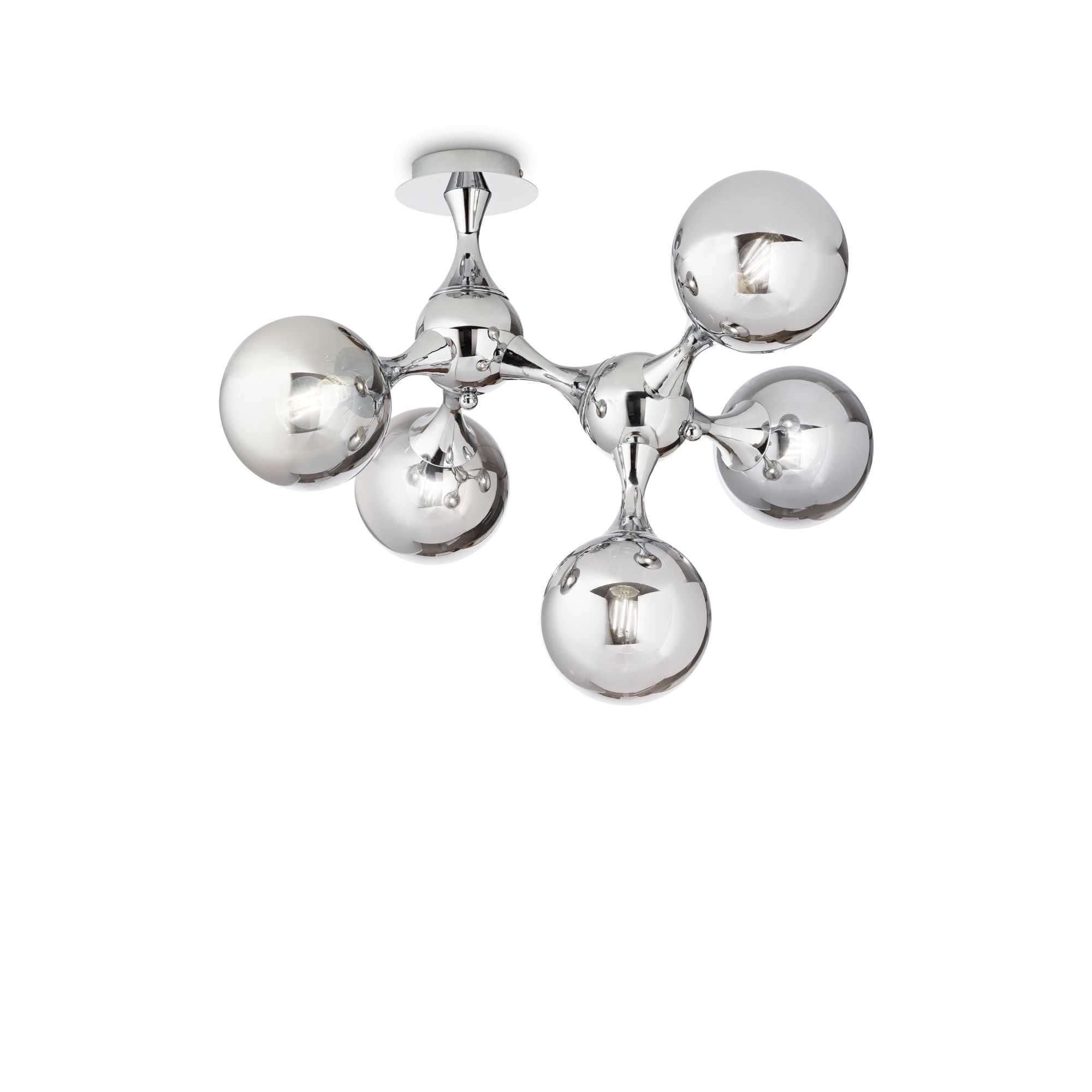 Modern Ideallux NODI 5-light chrome ceiling lamp with glass spheres, dimmable E14 sockets, 55cm dimensions, and sleek metal finish.