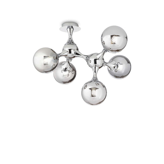 Modern Ideallux NODI 5-light chrome ceiling lamp with glass spheres, dimmable E14 sockets, 55cm dimensions, and sleek metal finish.
