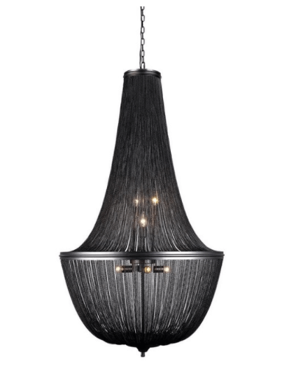 Korblüster Aluminum Chain BLACK pendant light for gallery or staircase, modern design, dimmable, 18 E14 bulbs, adjustable chain.