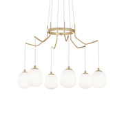 Ideallux Pendelleuchte KAROUSEL klein with brass satin finish and white glass diffusers, featuring adjustable height and six G9 sockets.
