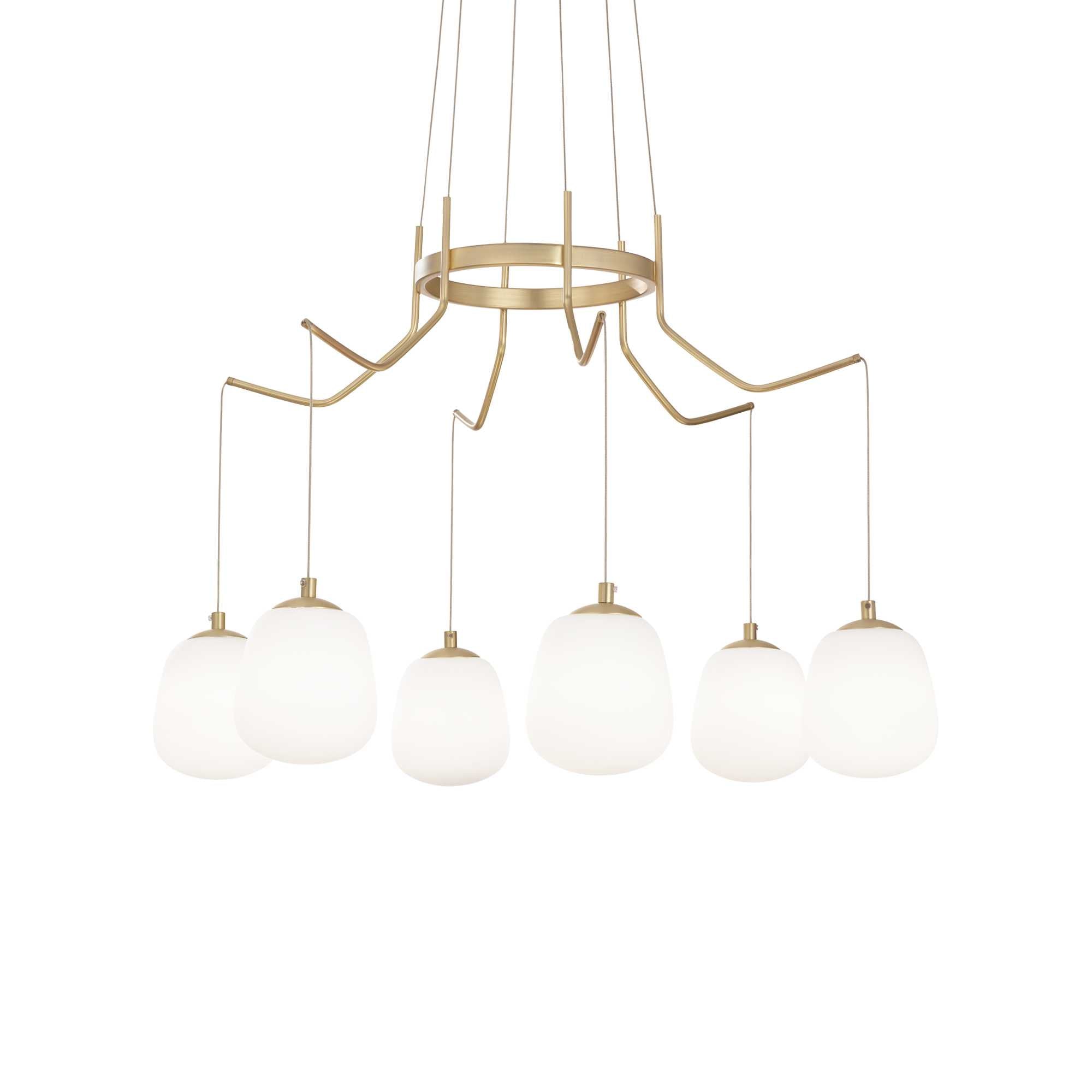 Ideallux Pendelleuchte KAROUSEL klein with brass satin finish and white glass diffusers, featuring adjustable height and six G9 sockets.