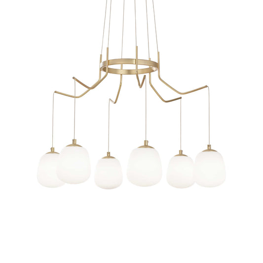 Ideallux Pendelleuchte KAROUSEL klein with brass satin finish and white glass diffusers, featuring adjustable height and six G9 sockets.