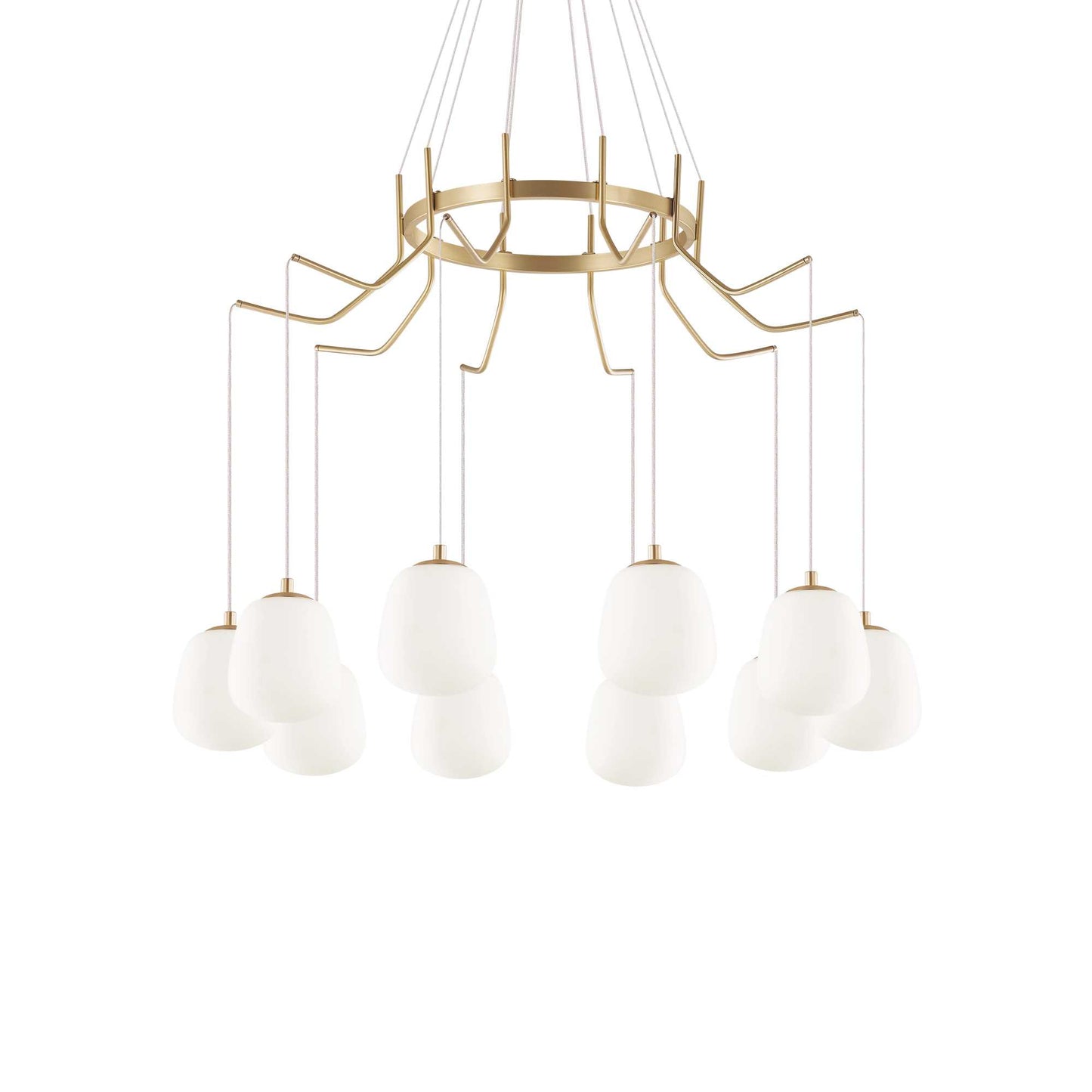 Alt Tag: Ideallux Pendelleuchte KAROUSEL Groß, dimmable brass chandelier with 10 glass shades, adjustable height to 133cm.