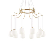 Alt Tag: Ideallux Pendelleuchte KAROUSEL Groß, dimmable brass chandelier with 10 glass shades, adjustable height to 133cm.