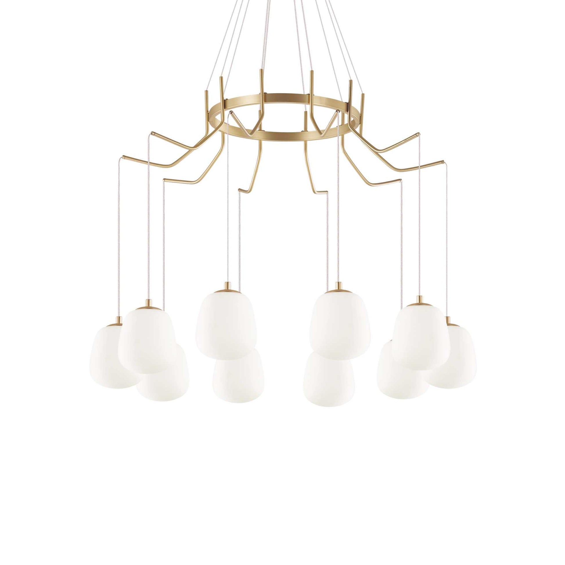 Alt Tag: Ideallux Pendelleuchte KAROUSEL Groß, dimmable brass chandelier with 10 glass shades, adjustable height to 133cm.