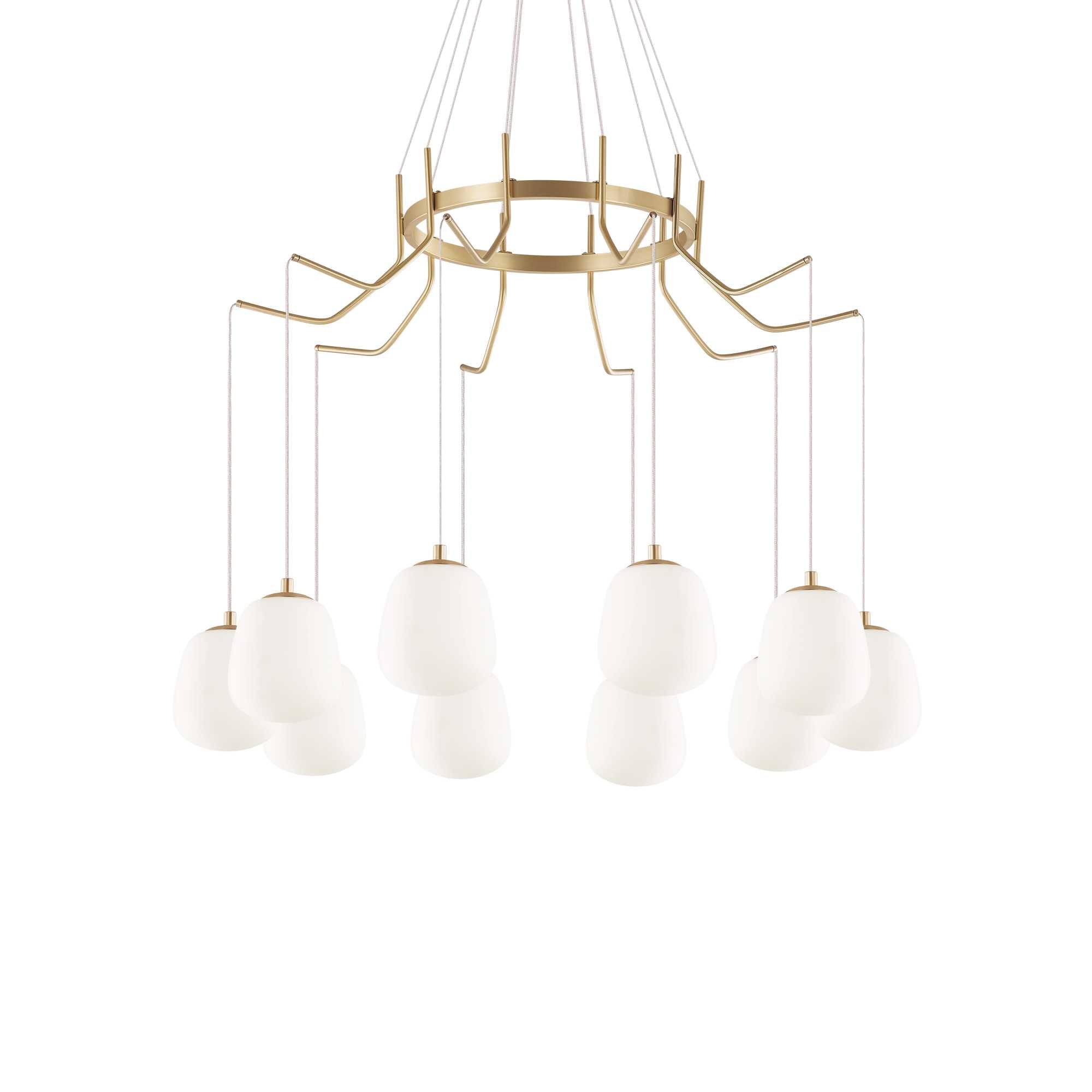 Alt Tag: Ideallux Pendelleuchte KAROUSEL Groß, dimmable brass chandelier with 10 glass shades, adjustable height to 133cm.