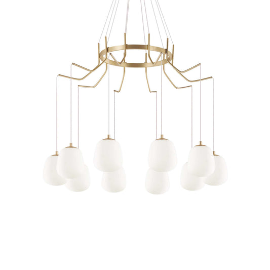 Alt Tag: Ideallux Pendelleuchte KAROUSEL Groß, dimmable brass chandelier with 10 glass shades, adjustable height to 133cm.