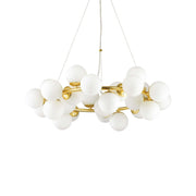 Gold and white Ideal Lux DNA pendant light, 25-flame, height adjustable, featuring glass globes, Ø 70.5cm.