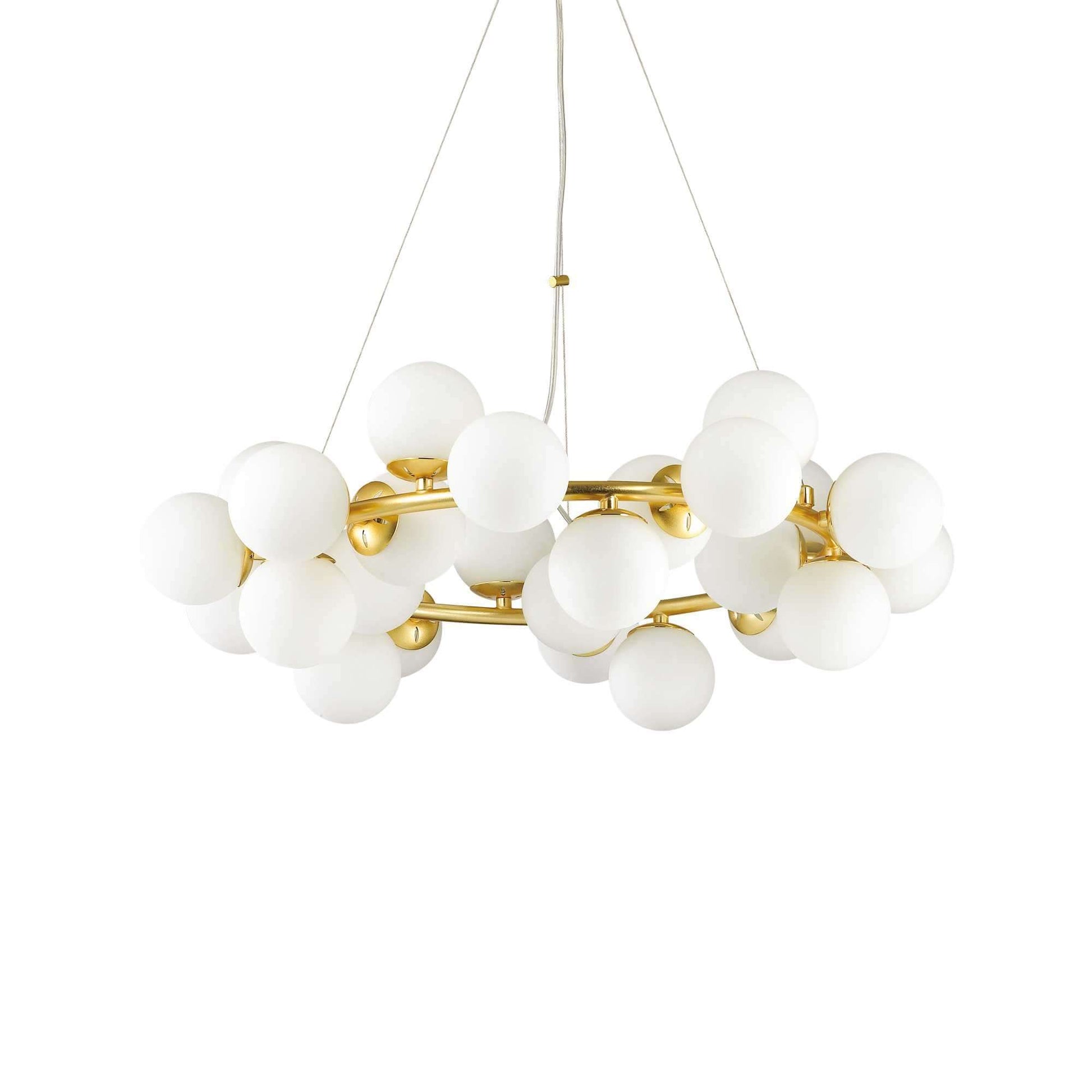 Gold and white Ideal Lux DNA pendant light, 25-flame, height adjustable, featuring glass globes, Ø 70.5cm.