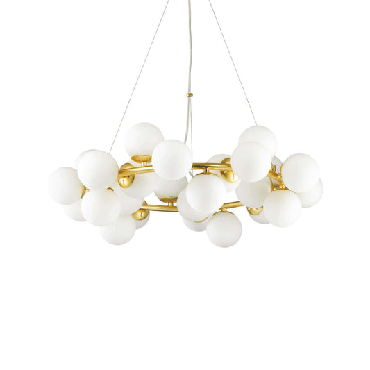 Gold and white Ideal Lux DNA pendant light, 25-flame, height adjustable, featuring glass globes, Ø 70.5cm.