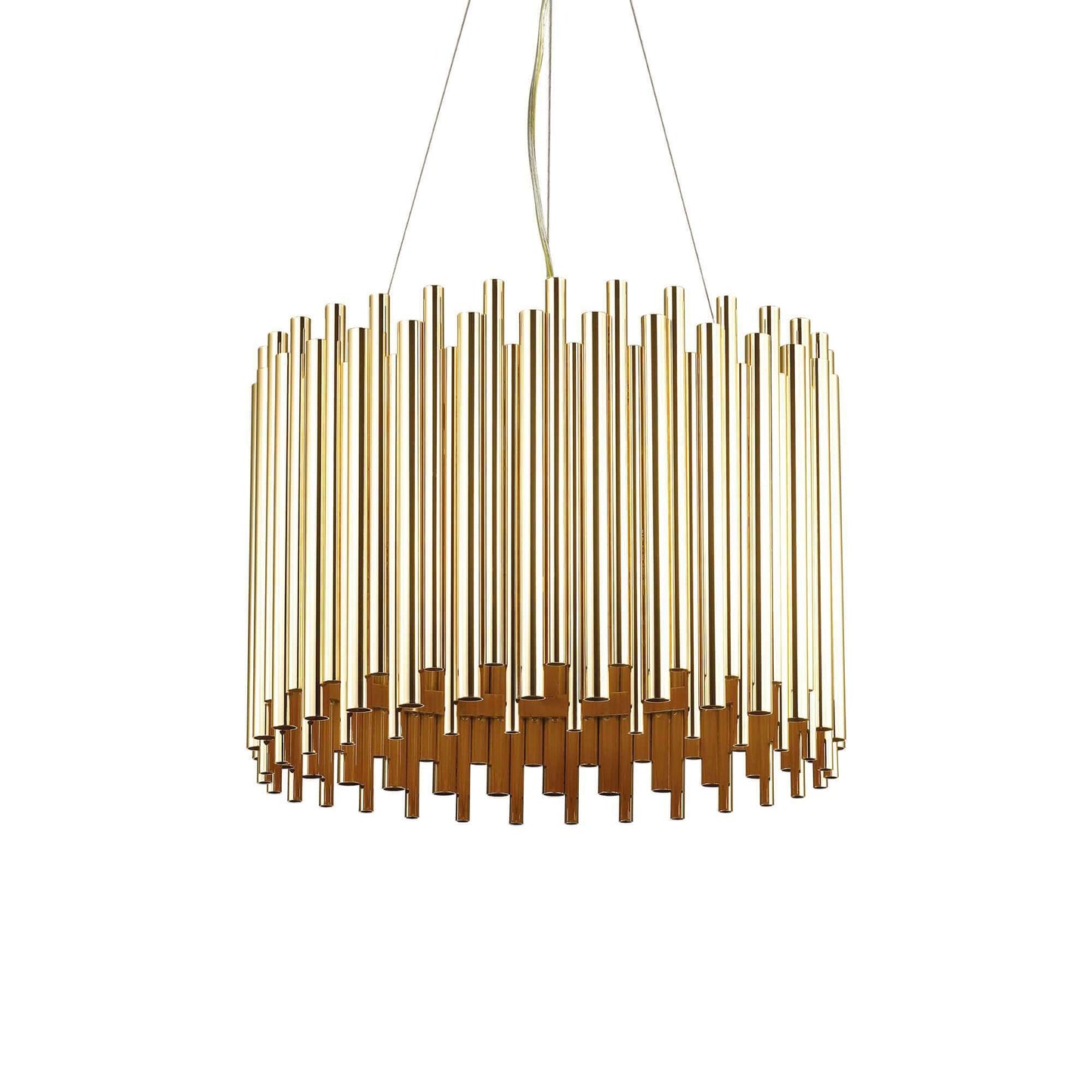 Ideallux Pendelleuchte PAN Messing with adjustable height and brass metal rods, dimmable light fitting, and E27 sockets.