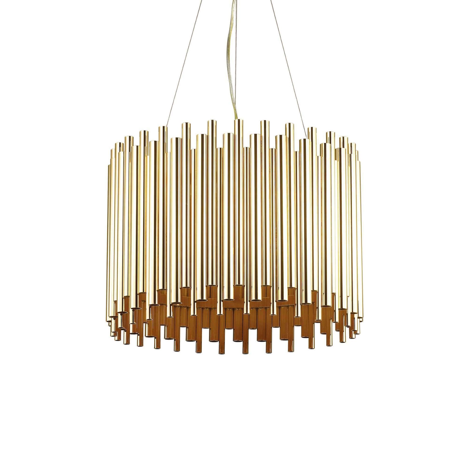 Ideallux Pendelleuchte PAN Messing with adjustable height and brass metal rods, dimmable light fitting, and E27 sockets.