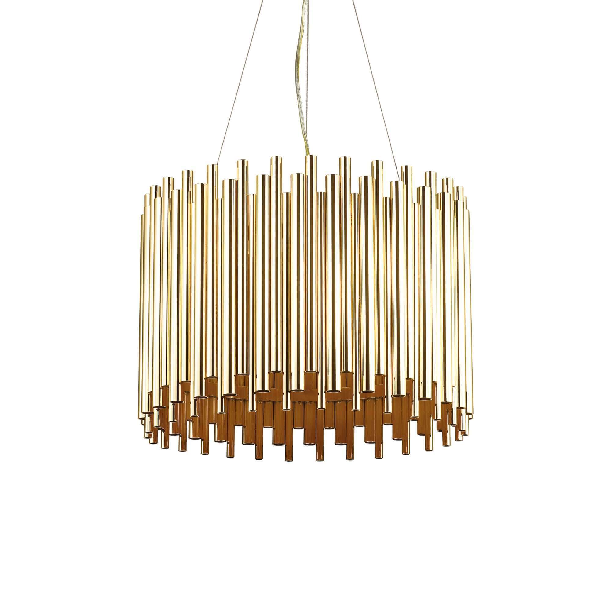 Ideallux Pendelleuchte PAN Messing with adjustable height and brass metal rods, dimmable light fitting, and E27 sockets.