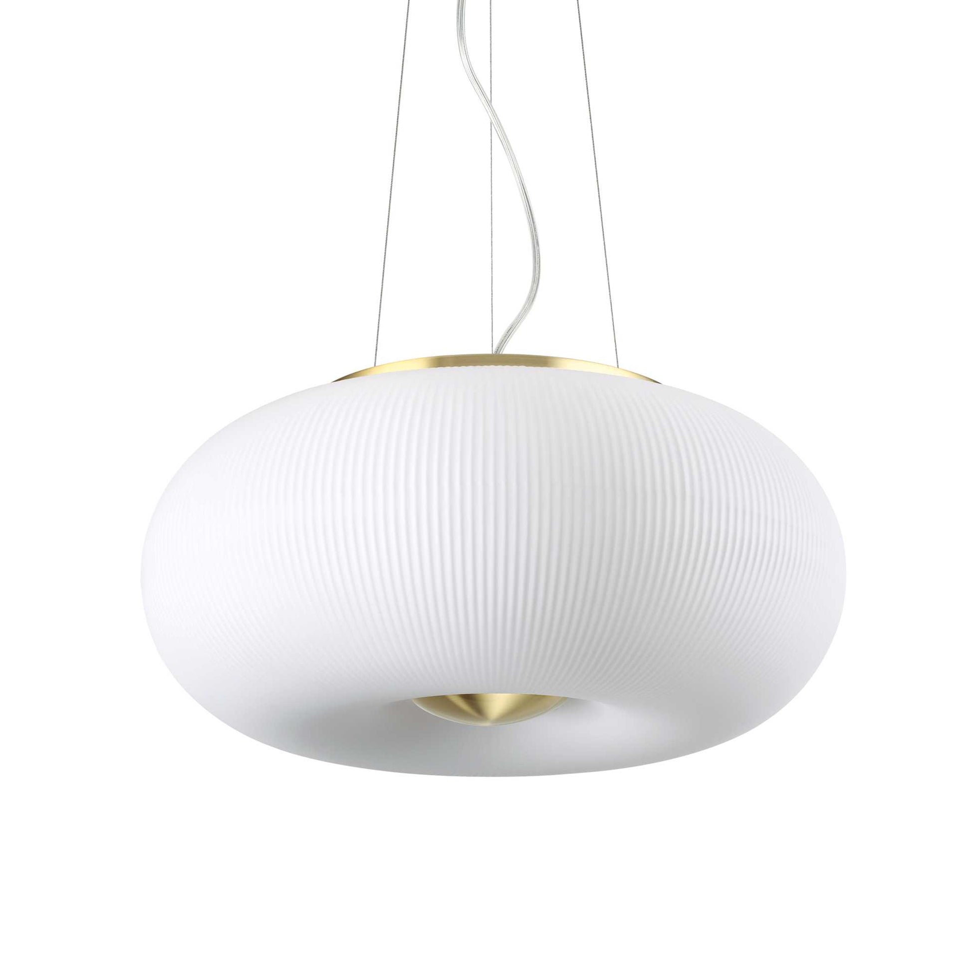 Ideallux Arizona pendant light with white etched glass diffuser and satin brass metal frame, featuring adjustable height.