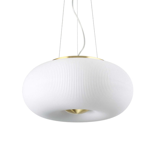 Ideallux Arizona pendant light with white etched glass diffuser and satin brass metal frame, featuring adjustable height.