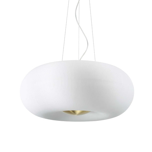 Ideallux Arizona Pendelleuchte, weiß, 5Lampen, geblasenes Glas, Metall messing satin, dimmbar, modernes Design, Ø52cm