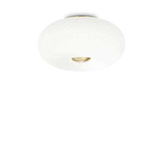 Ideallux Deckenleuchte Arizona ceiling light with white etched blown glass diffuser and satin brass metal frame, 5 lights, dimmable.