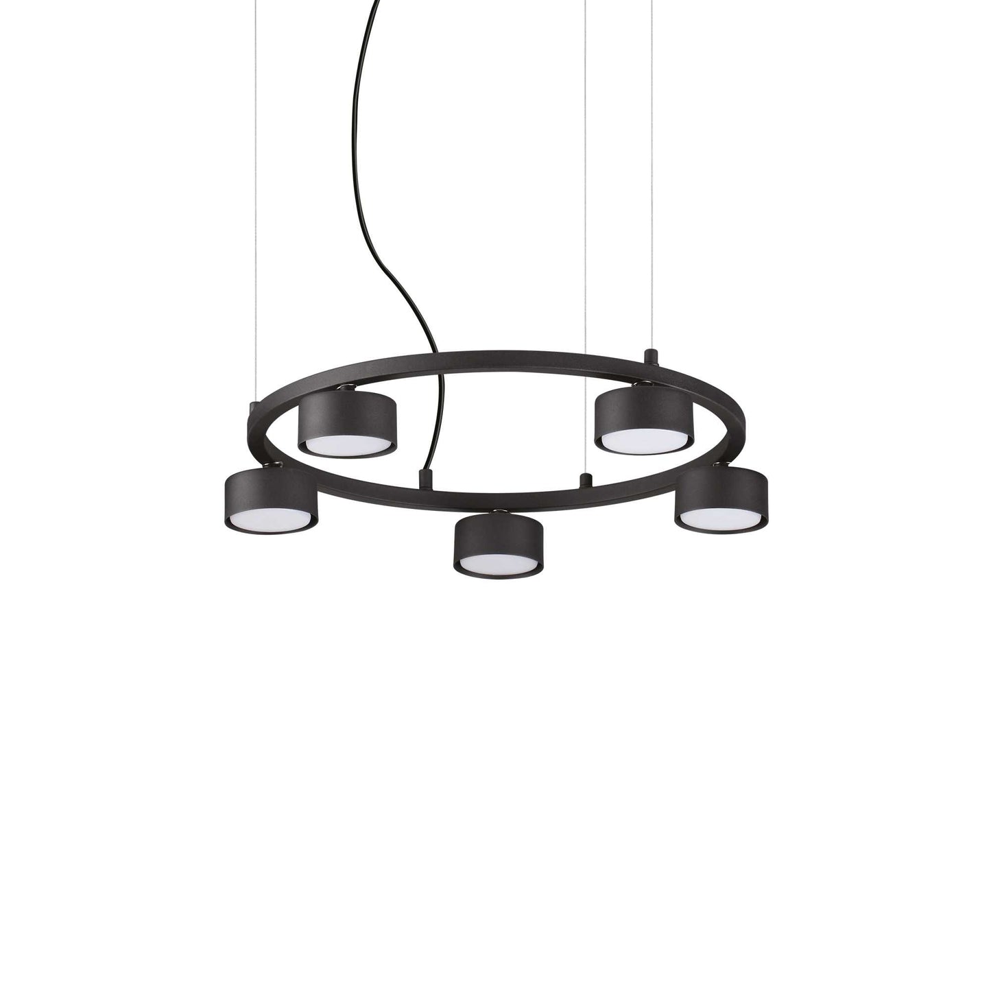Ideallux Pendelleuchte MINOR ROUND 5-flammig, dimmable metal LED chandelier with adjustable height, matte black finish.
