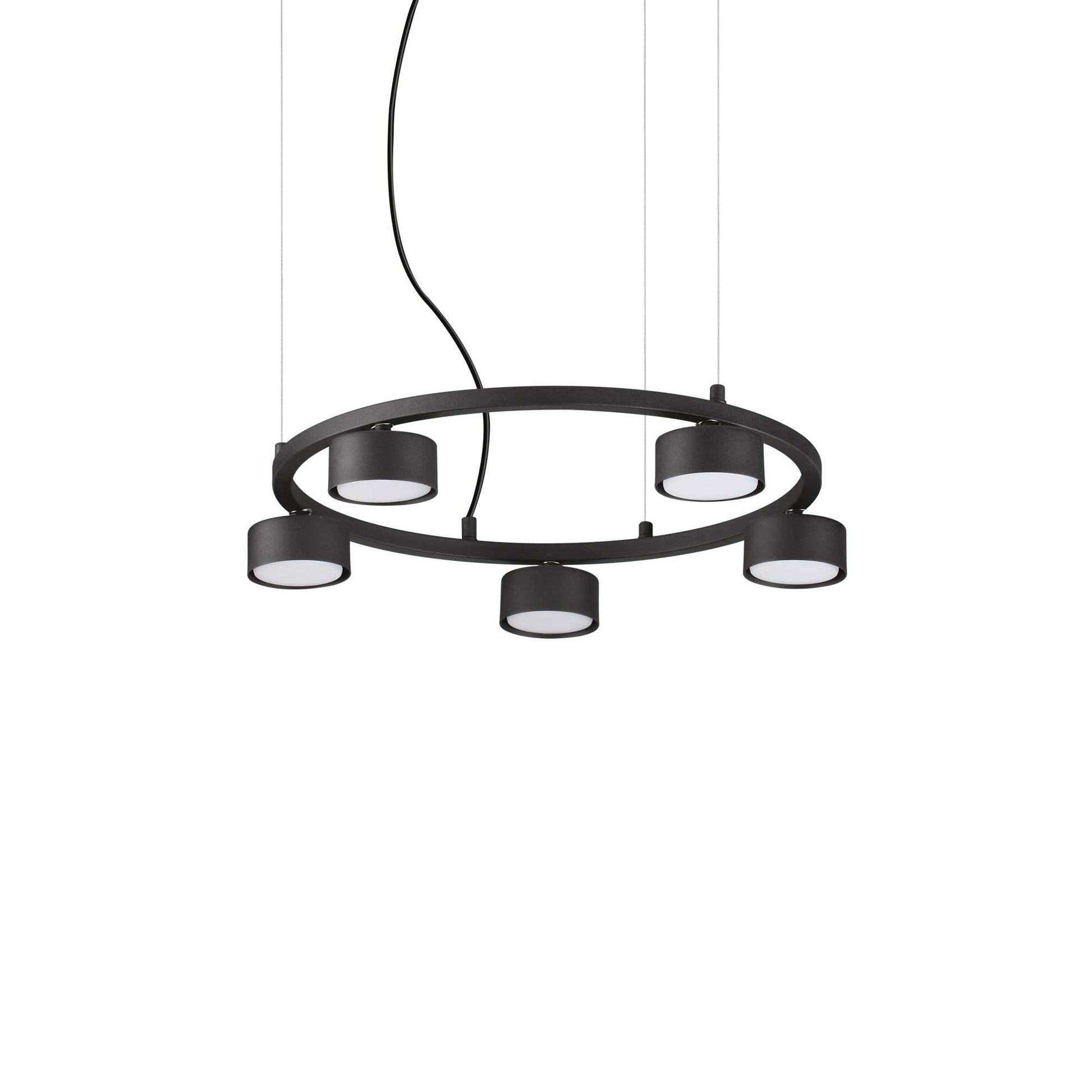 Ideallux Pendelleuchte MINOR ROUND 5-flammig, dimmable metal LED chandelier with adjustable height, matte black finish.