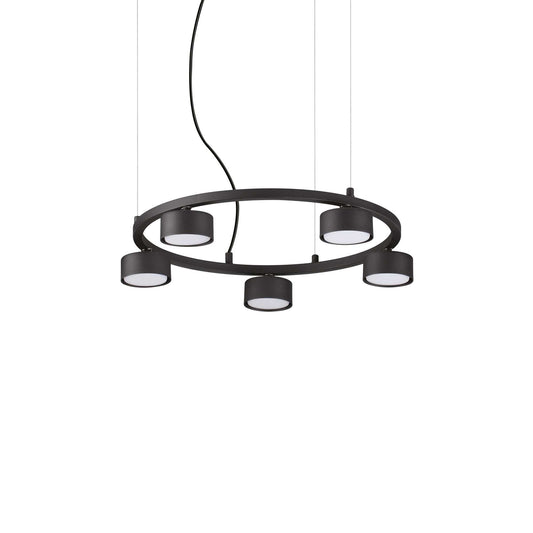 Ideallux Pendelleuchte MINOR ROUND 5-flammig, dimmable metal LED chandelier with adjustable height, matte black finish.