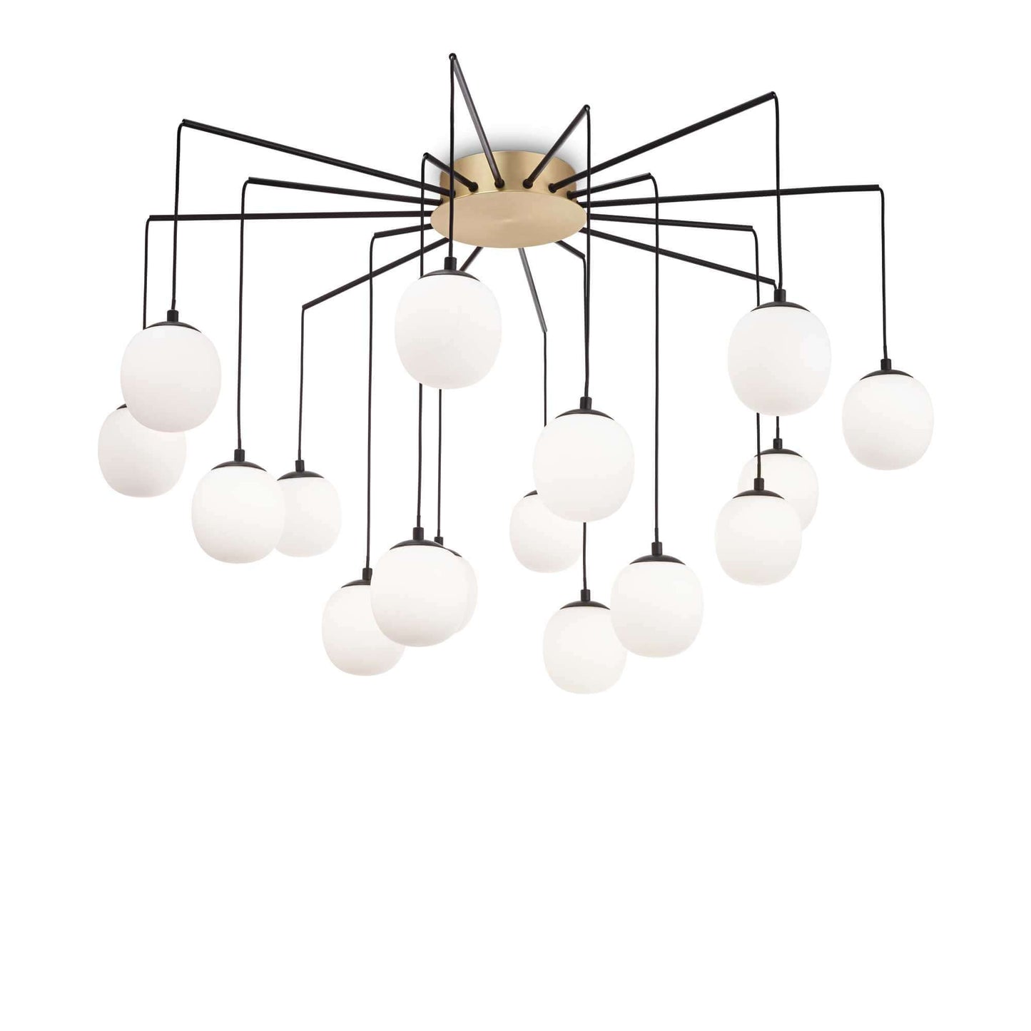 Ideal Lux RHAPSODY 16-light pendant lamp, brass finish with white globes, Ø 95cm, modern ceiling chandelier for elegant interiors.