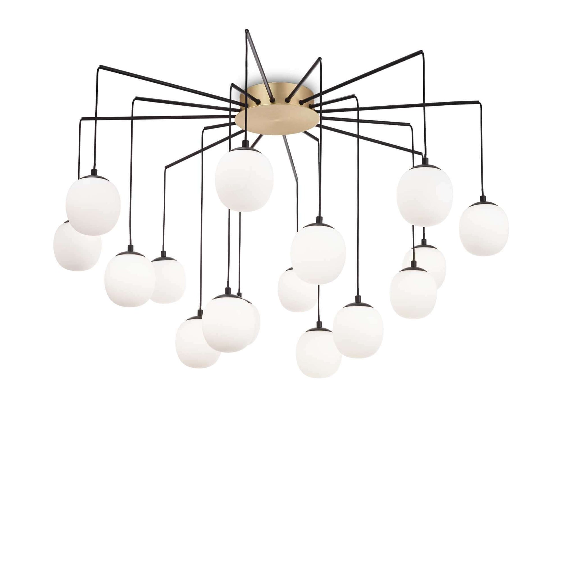 Ideal Lux RHAPSODY 16-light pendant lamp, brass finish with white globes, Ø 95cm, modern ceiling chandelier for elegant interiors.