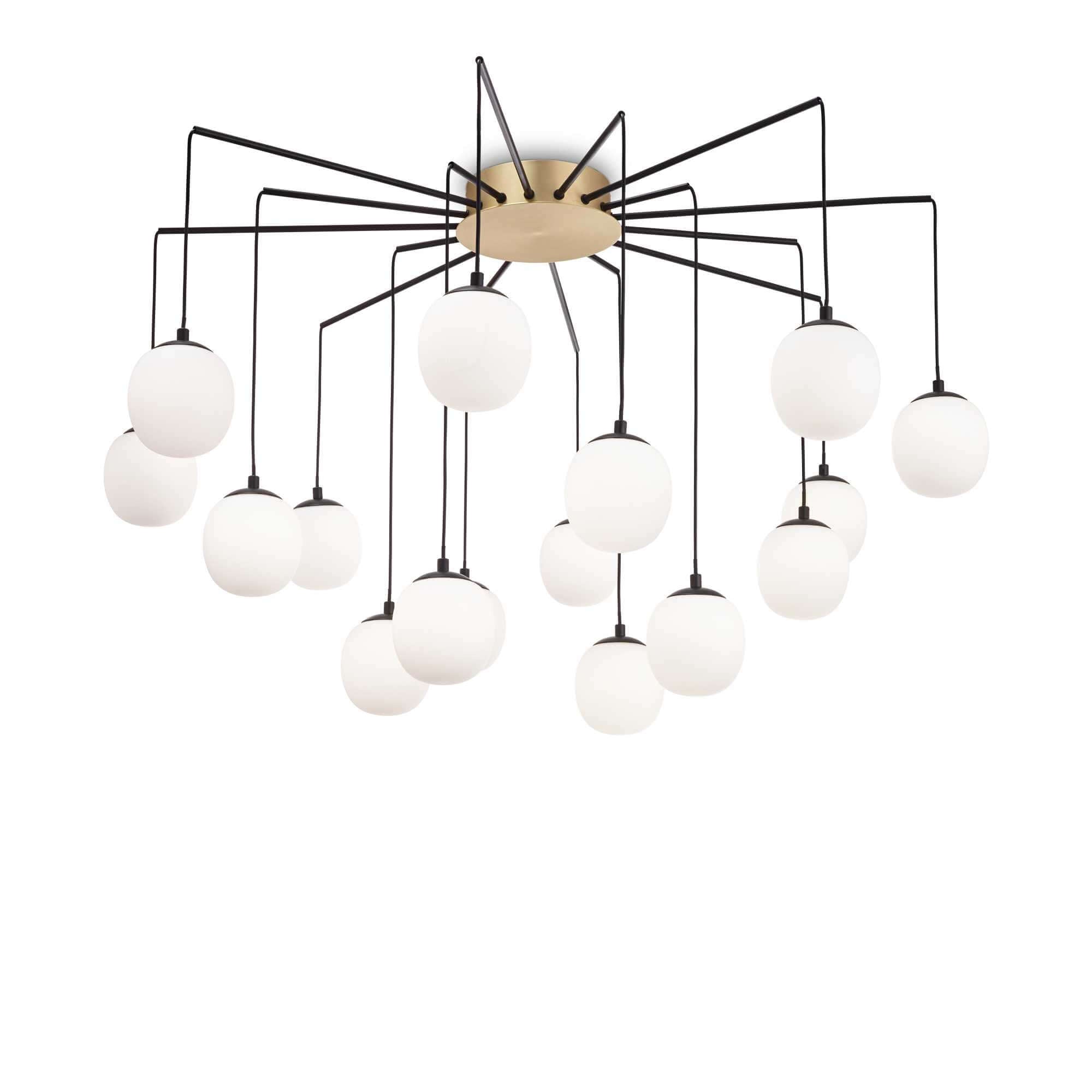 Ideal Lux RHAPSODY 16-light pendant lamp, brass finish with white globes, Ø 95cm, modern ceiling chandelier for elegant interiors.