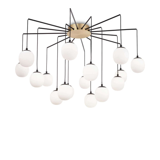 Ideal Lux RHAPSODY 16-light pendant lamp, brass finish with white globes, Ø 95cm, modern ceiling chandelier for elegant interiors.