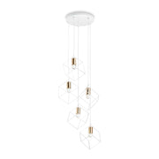 Ideallux ICE pendant light with five dimmable lights, adjustable height, E27 base, white metal frame, and satin brass details.