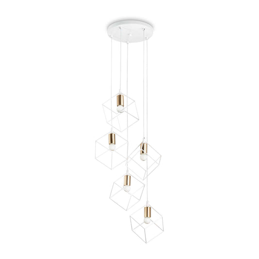 Ideallux ICE pendant light with five dimmable lights, adjustable height, E27 base, white metal frame, and satin brass details.