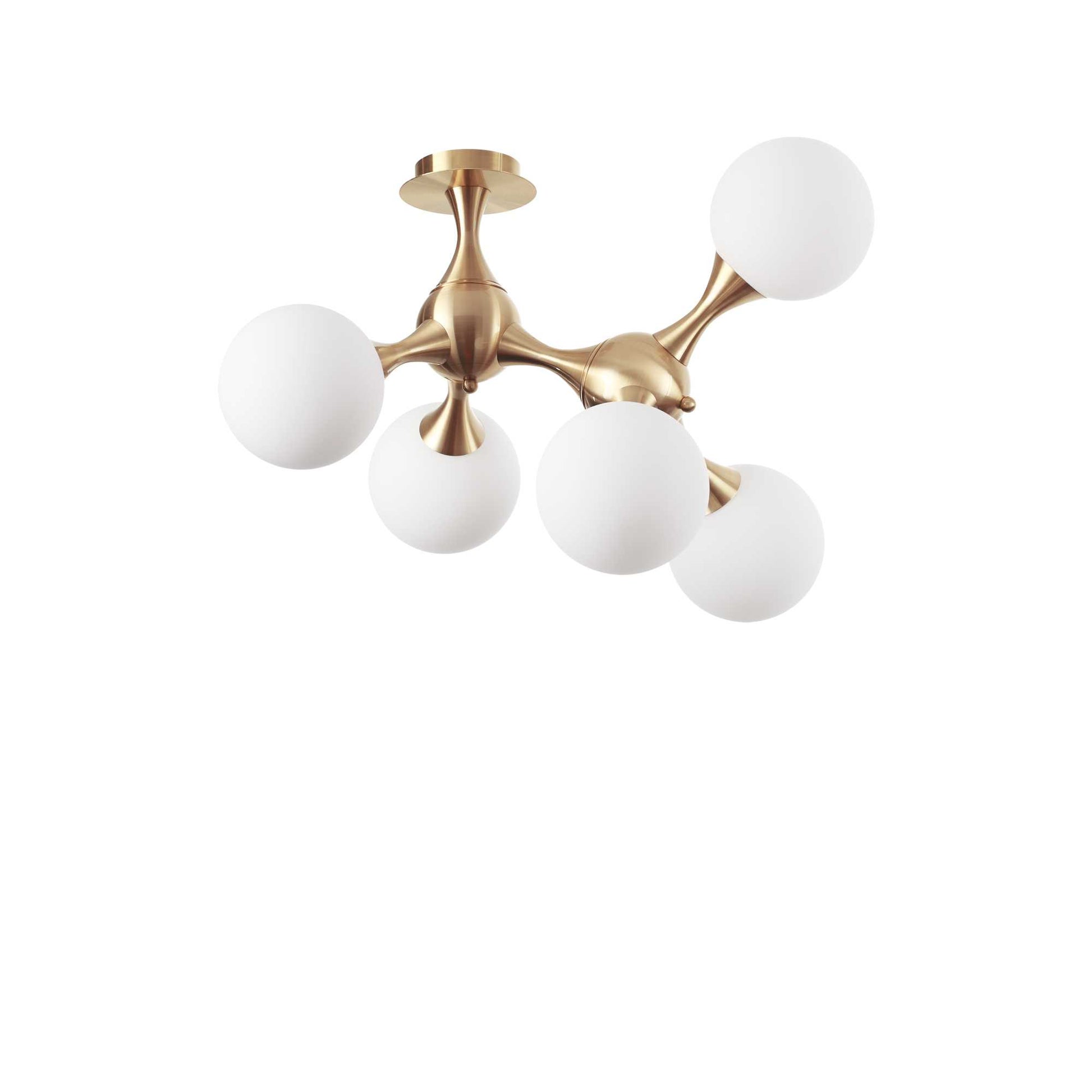 Ideallux NODI 5 brass ceiling light with white glass globes, dimmable, E14 sockets, modern lighting fixture.