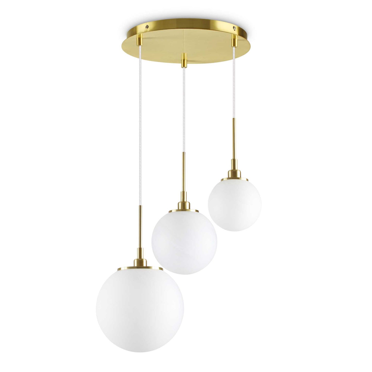 Ideallux GRAPE pendant light with three dimmable satin glass globes and brass metal frame, adjustable height, 40cm diameter.