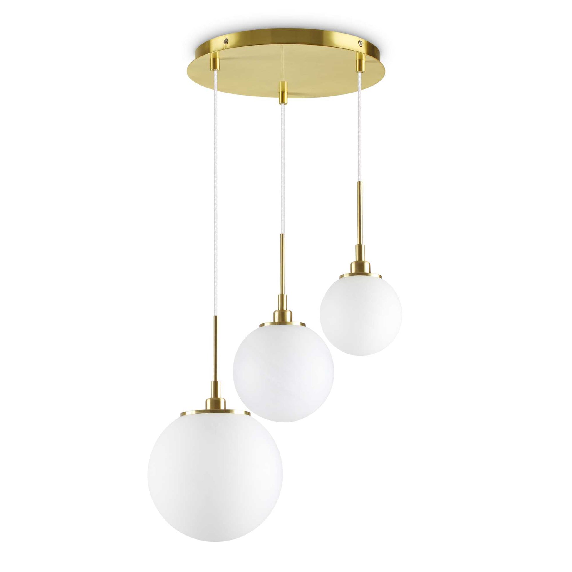 Ideallux GRAPE pendant light with three dimmable satin glass globes and brass metal frame, adjustable height, 40cm diameter.